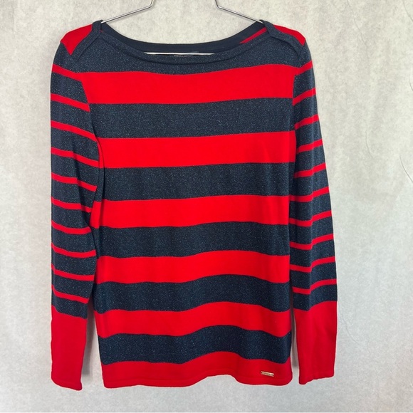 Tommy Hilfiger Womens Sweater Red Blue Striped Sparkle Knit Pullover Size S - Picture 1 of 8